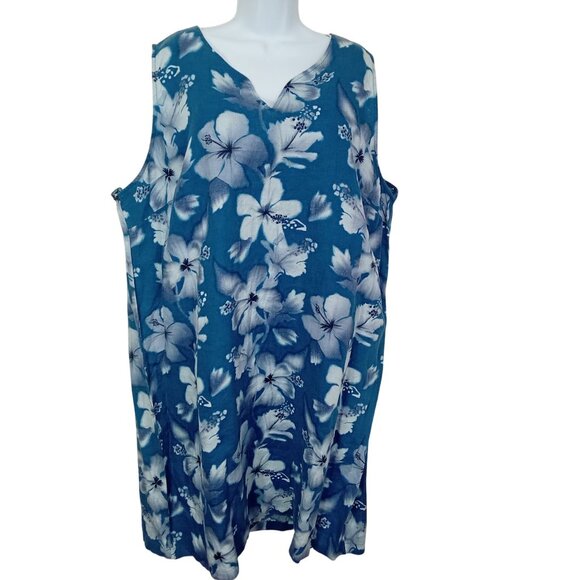 New (NWT) Avenue Linen Shift Housedress Summer Tropical Sleeveless Hibiscus Blue - Picture 1 of 10